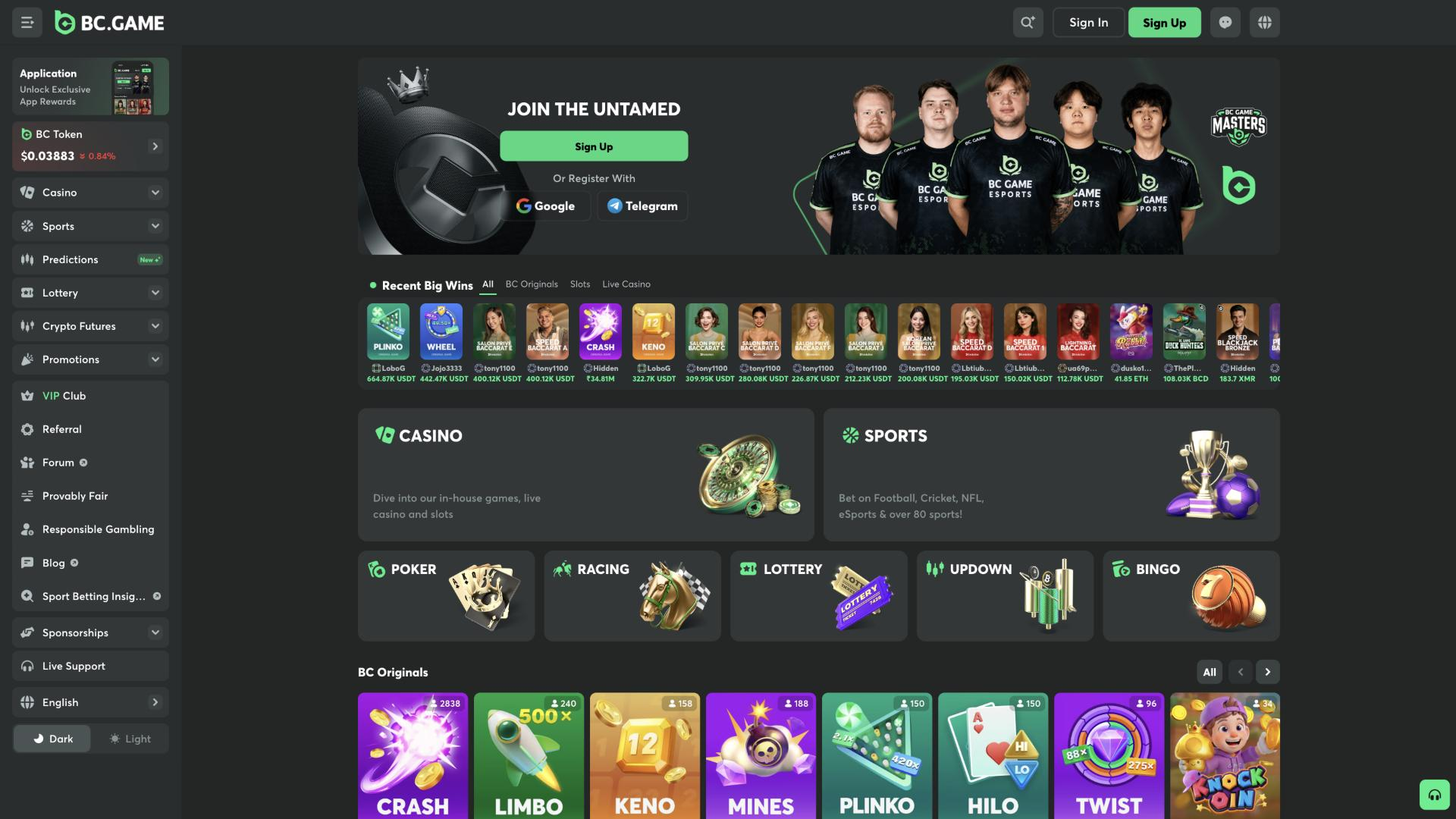 Screenshot of the BC.Game website